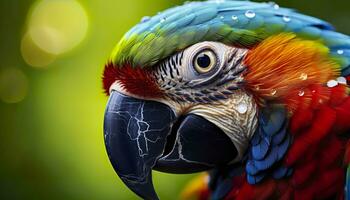 ai generado tropical guacamayo encaramado, vibrante plumas en enfocar. generativo ai foto