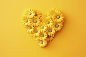 AI generated Yellow Heart Shaped By Yellow Daisies Over Yellow Background. AI Generated photo