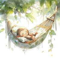 AI generated A sleepy baby monkey in a hammock. watercolor illustration. AI Generated photo