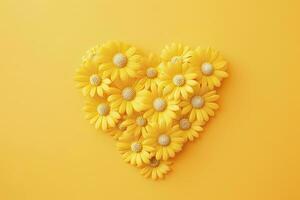 AI generated Yellow Heart Shaped By Yellow Daisies Over Yellow Background. AI Generated photo