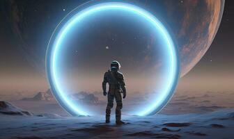 AI generated Astronaut in front of dimensional portal.  AI Generated. photo