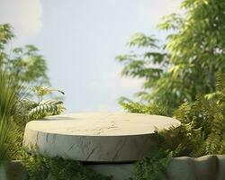 AI generated Stone product display podium for cosmetic product with green nature garden background. Generative AI photo