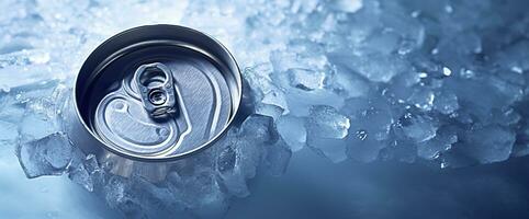 AI generated Top of drink tin can iced submerged in frost ice, metal aluminum beverage. Generative AI photo