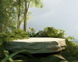 AI generated Stone product display podium for cosmetic product with green nature garden background. Generative AI photo