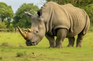 AI generated White Rhino grazing. AI Generated photo