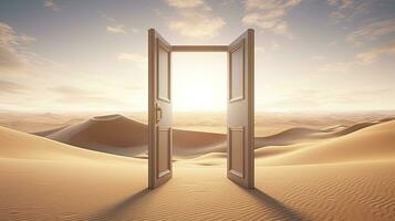 AI generated The opened door on the desert. Unknown and start up concept. AI Generated. photo