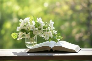 AI generated Jasmine flowers in a vase and open book on the table, green natural background. AI Generated photo