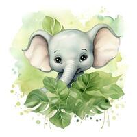 AI generated Happy cute baby elephant in green leaves in the watercolor style. AI Generated photo