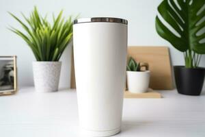 AI generated White stainless steel sublimation blank tumblers with straw, product shot. Generative AI photo