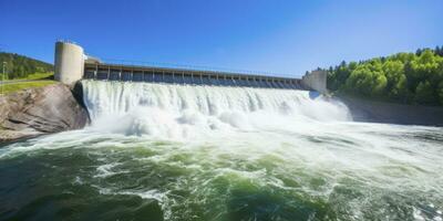 ai generado hidroeléctrico represa generando verde energía desde fluido agua. ai generado. foto