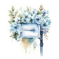 AI generated Watercolor light blue floral mailbox on a white background. AI Generated photo