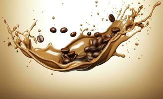 AI generated hot liquid coffee splash with Coffee Bean falling, 3d illustration. AI Generated photo