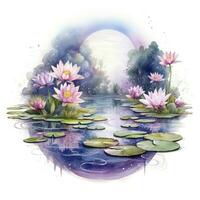 AI generated Floral Moon and Water Lilies on a white background. AI Generated photo