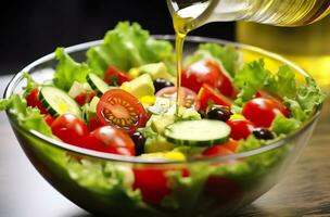 AI generated health benefits of healthy salad, in the style of precise detailing, smooth and shiny. AI Generated photo