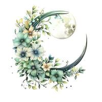 AI generated Watercolor floral Moon with greenery on a white background. AI Generated photo