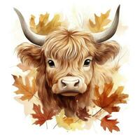 AI generated Happy cute baby highland cow in autumn leaves in the watercolor style. AI Generated photo