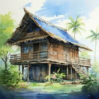 AI generated A watercolored bright serene image of a traditional bahay kubo. AI Generated photo