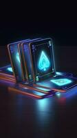 AI generated Some playing cards with glowing neon designs on a tablet. Generative AI photo