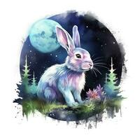 AI generated Watercolor Rabbit and Glowing Moon for T-shirt Design. AI Generated photo