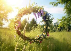 AI generated Rustic wildflowers wreath on a sunny meadow. Summer Solstice Day, Midsummer concept. Generative AI photo