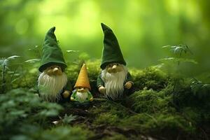 AI generated Toy Irish gnomes in a mystery forest, abstract green natural background. Generative AI photo