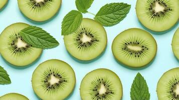 AI generated Slices of kiwi fruit and green mint leaves on a light pastel blue background. AI Generated photo