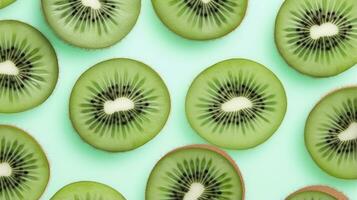 AI generated Slices of kiwi fruit and green mint leaves on a light pastel blue background. AI Generated photo