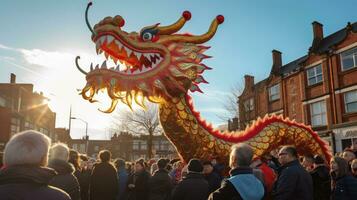 AI generated Chinese Dragon under a bright sky. AI Generated photo