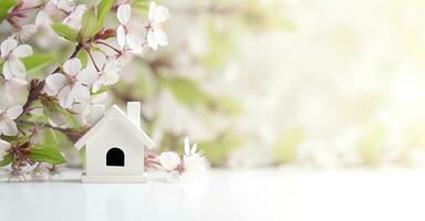 AI generated Toy house and cherry flowers, spring abstract natural background. Generative AI photo