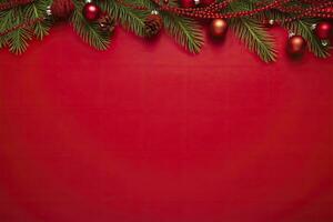 AI generated Christmas or New Year red background with fir decor. AI Generated photo