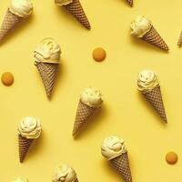 AI generated Ice Cream pattern on yellow background, top view. AI Generated photo