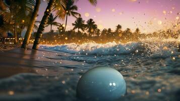 ai generado playa con olas y Coco arboles a puesta de sol. generativo ai foto