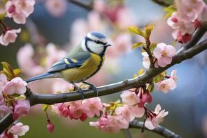 ai generado un bluetit pájaro descansando en el rama de un árbol. ai generado. foto