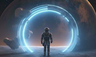 ai generado astronauta en frente de dimensional portal. ai generado. foto