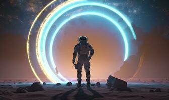 AI generated Astronaut in front of dimensional portal.  AI Generated. photo