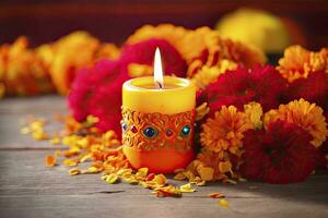 AI generated Candles and marigold flowers. Day of the dead concept dia de los muertos. AI Generated photo