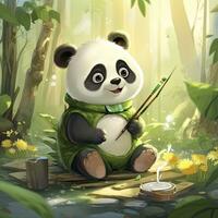 AI generated Cute panda in the middle of a bamboo forest. T-shirt design. AI Generated photo