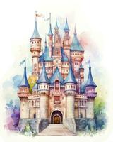 AI generated Colorful watercolor kawaii castle isolated on white background. AI Generated photo