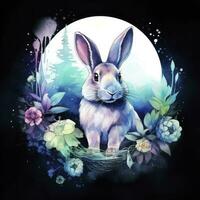 AI generated Watercolor Rabbit and Glowing Moon for T-shirt Design. AI Generated photo