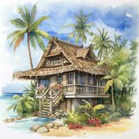 AI generated A watercolored bright serene image of a traditional bahay kubo. AI Generated photo