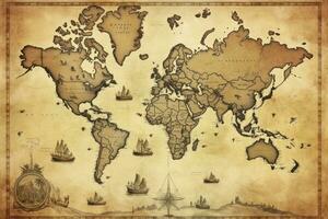 AI generated Great detailed illustration of the world map in vintage style. AI Generated photo