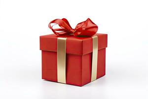 AI generated Gift box with red ribbon isolated on white background. AI Generated photo