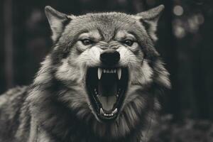 AI generated Greyscale closeup shot of an angry wolf with a blurred background. AI Generated photo