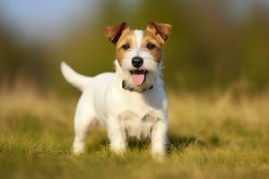 ai generado contento Jack Russell terrier mascota perro espera, escuchando en el césped. ai generado foto