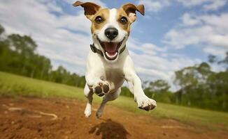 ai generado Jack rusia párroco perro correr hacia el cámara bajo ángulo alto velocidad disparo. ai generado foto