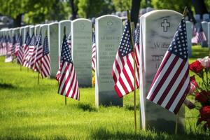 AI generated Military Headstones and Gravestones Decorated With Flags for Memorial Day.  AI Generated photo