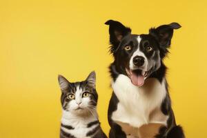 ai generado gato y perro juntos con contento expresiones en amarillo antecedentes. ai generado foto