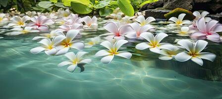 ai generado plumeria flores en verde hoja flotante en agua. un pacífico y sereno escena con un toque de naturaleza y belleza. ai generado foto