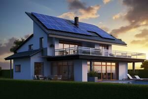 AI generated Modern house with blue solar panels on the roof. End of the day, sunset. AI Generated photo