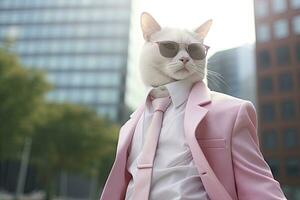 AI generated A cat is wearing sunglasses, suit and standing on street. AI Generated photo